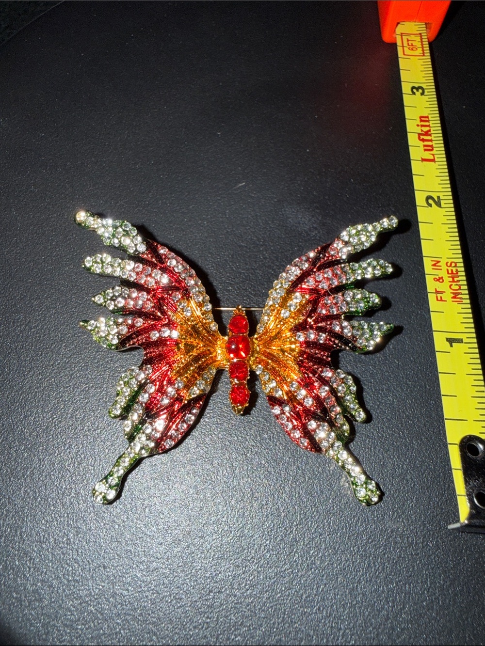 Crystal Butterfly Brooch - Red, Orange & Green Rhinestones